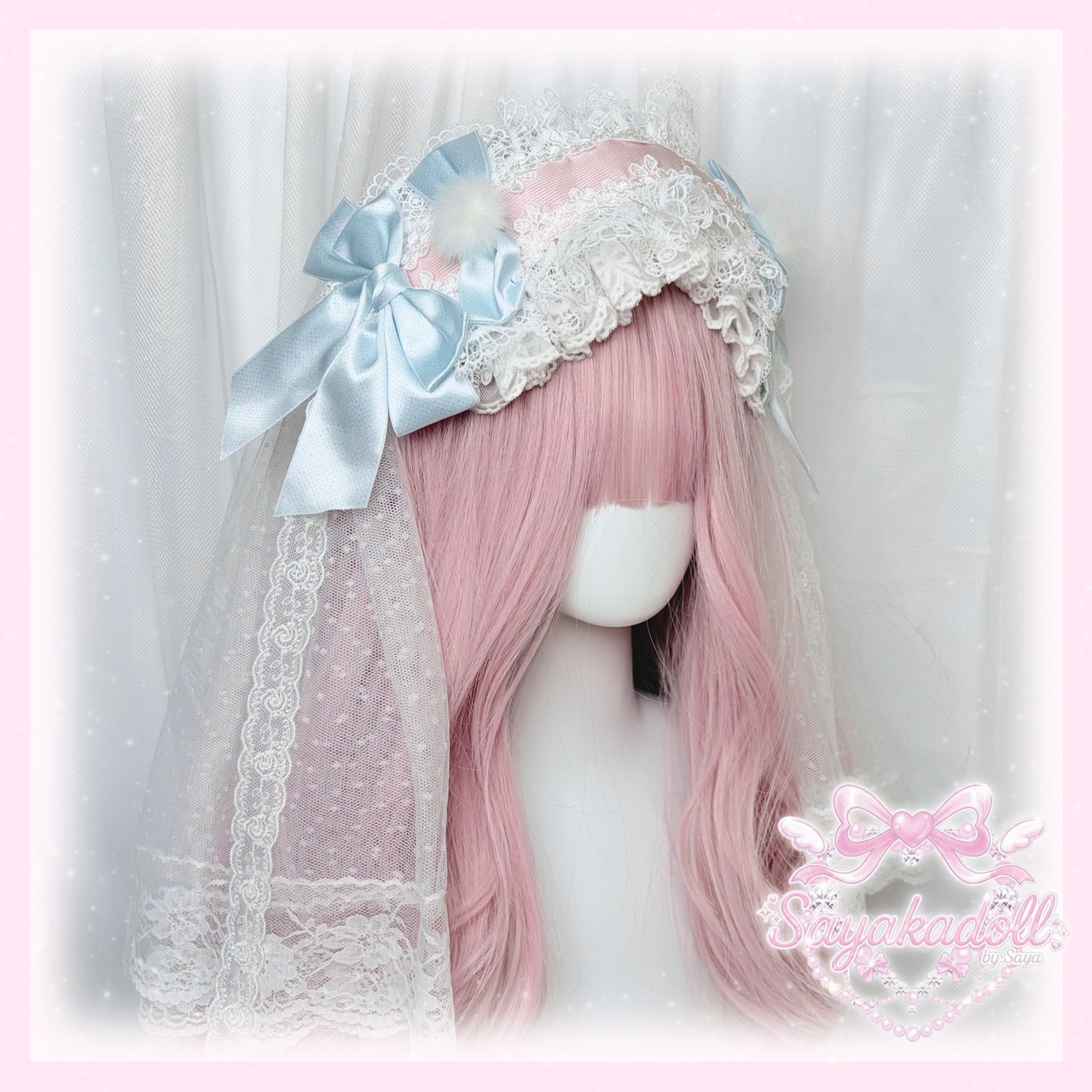♡【全5色】ヴェール別売り ぽんぽん付き ダブルリボン フリルレースヘッドドレス light blue×pink ♡