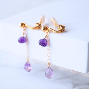 日本製金具 痛くないイヤリング 14kg fアメジスト ２月誕生石 天然石 揺れる 宝石質 華奢 デイリー