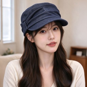 キャスケット レディース 秋冬 韓国 Y2K デニム風 ボリューム サイドリボン マリンハット マドロスハット 立体フォルム 深め 小顔見え サイズ調節 ヴィンテージ レトロ 大人 カジュアル ストリート [LW-CGH005]