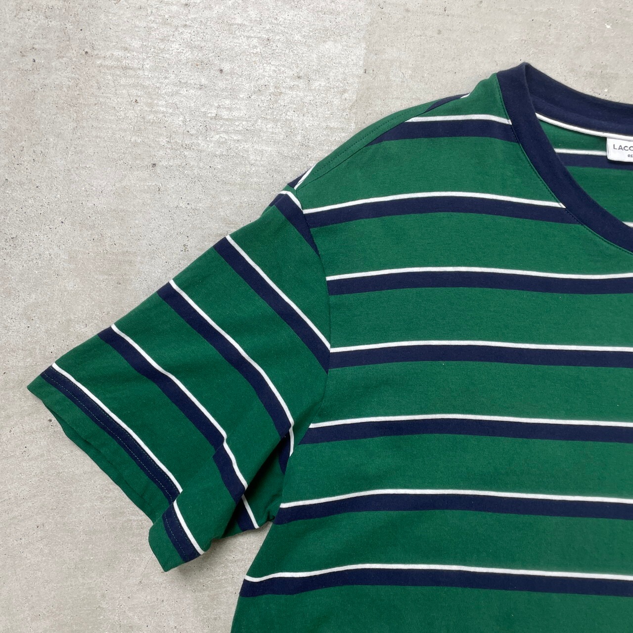 LACOSTE ラコステ Vネック ボーダー Tシャツ メンズ3XL 古着 緑色【T 