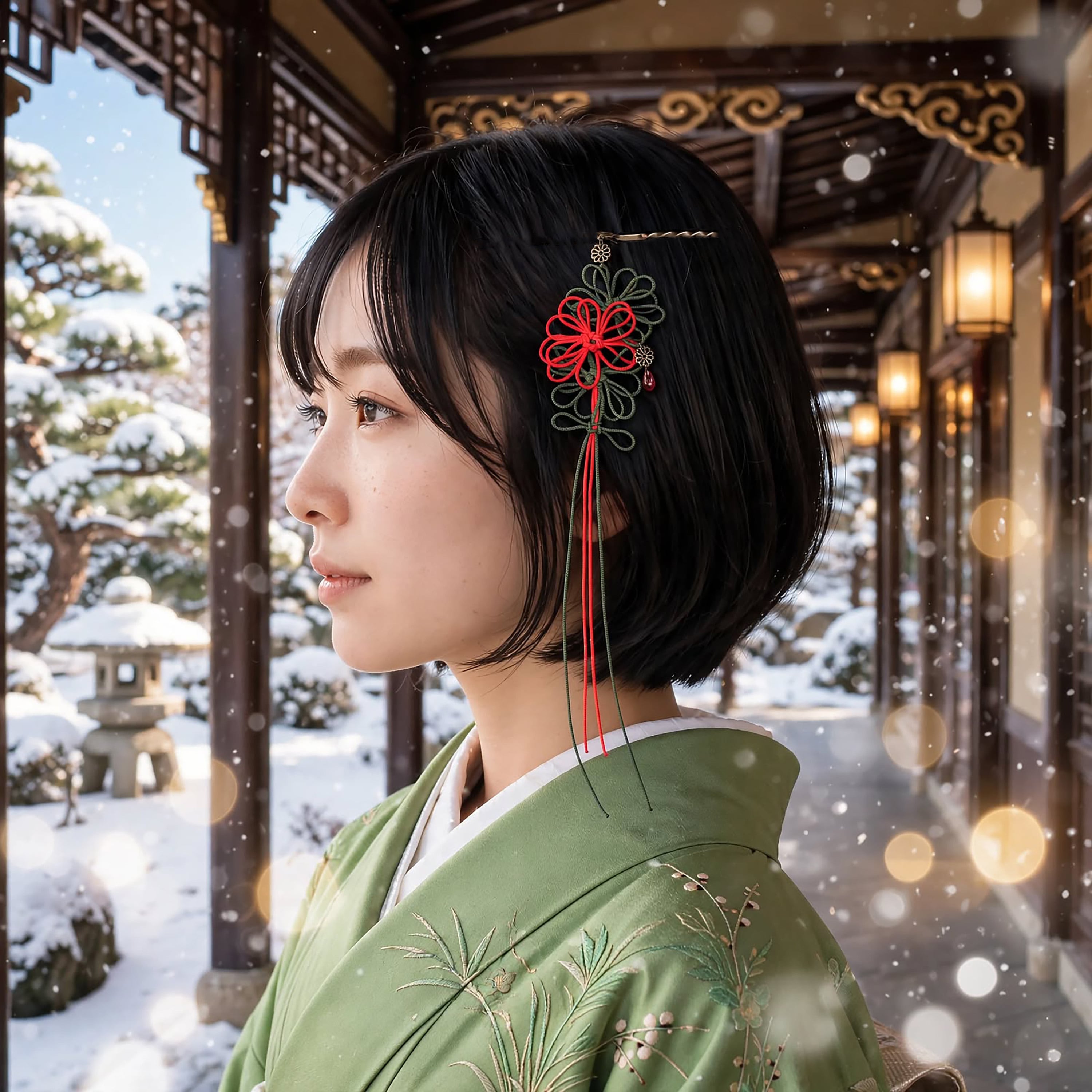 飾り結びヘアピン「陽の艶、日々に」(朱×深緑)【軽量快適】ショートヘアも簡単和風アレンジ。