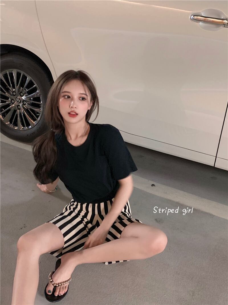 ストライプニットカジュアルパンツ サマー薄手ストレッチウェストショーツ ハイウェストワイドレッグ エラスティック 伸縮 夏物 ブルマー ワイドパンツ ブラックストロベリース58565825282