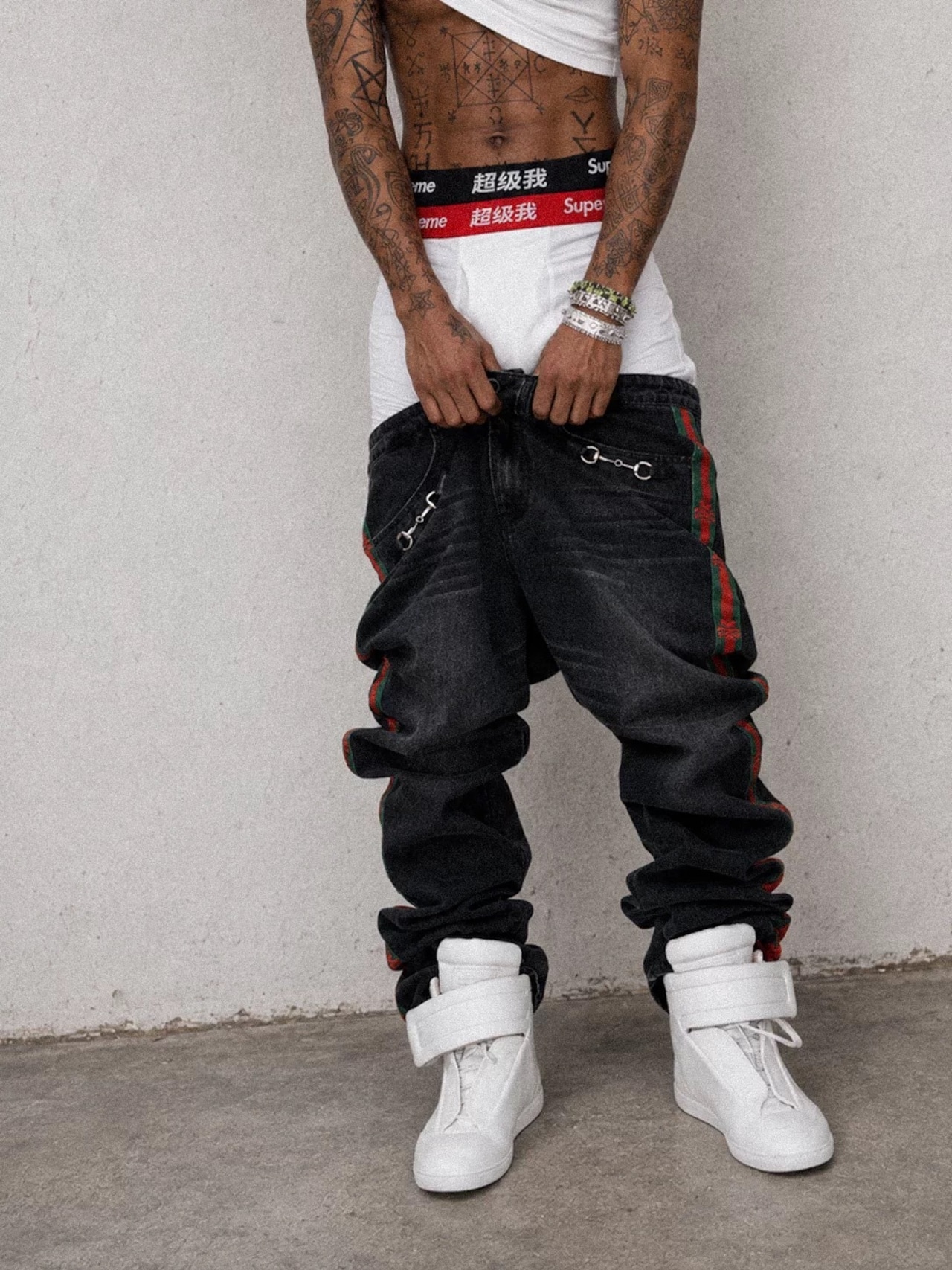 【LoseControlEdge】SIDE LINE HORSEBIT WASHED DENIM PANTS