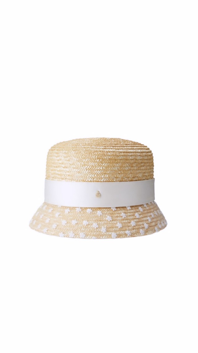 MAISON MICHEL -Mini New Kendall- Cloche hat in natural sewn wheat straw, :CAMEL