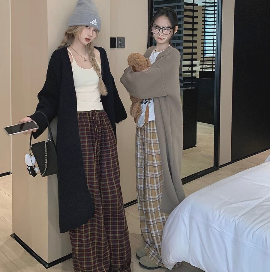 ロング カーディガン チェックパンツ レディース 韓国 ファッション