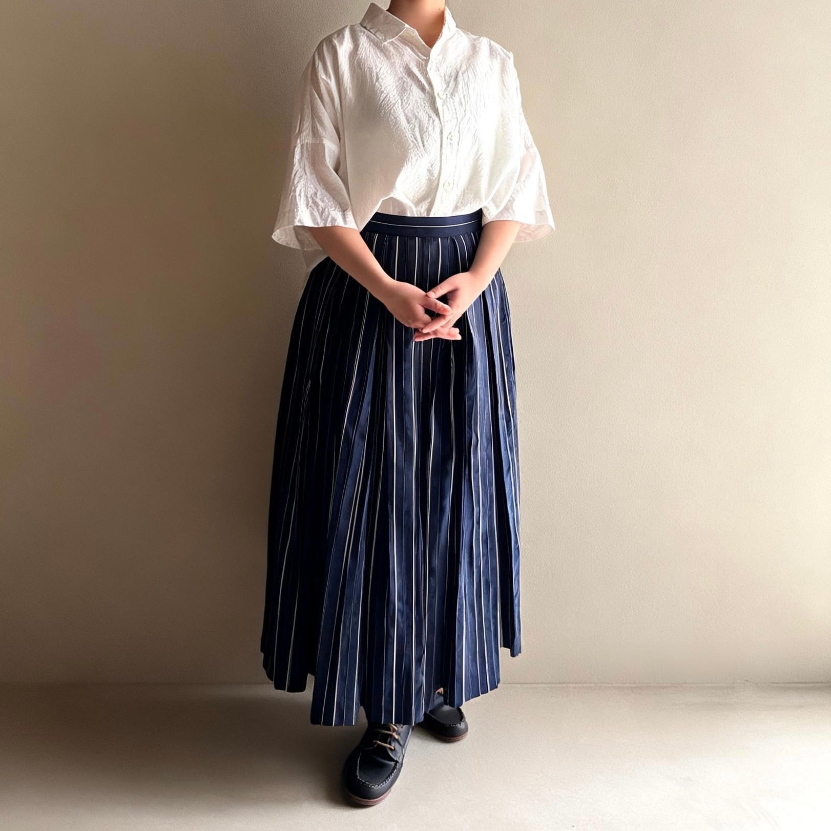 R&D.M.Co-/OLDMAN'S TAILOR / Cotton Silk Stripe Tuck Skirt #8211