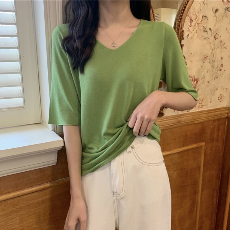 サマースタイルVネックルーズカラープルオーバー セーター トップス レディース 夏物 ピュア ハンチェンe42407392861