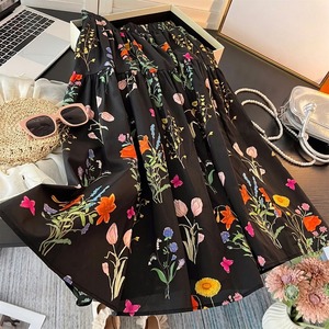 black wildflower print flared midi skirt<sk3086>