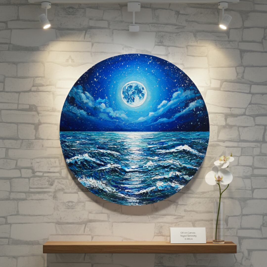 油絵】心を落ち着かせる海景画 丸形「青い満月と輝く海」油彩画