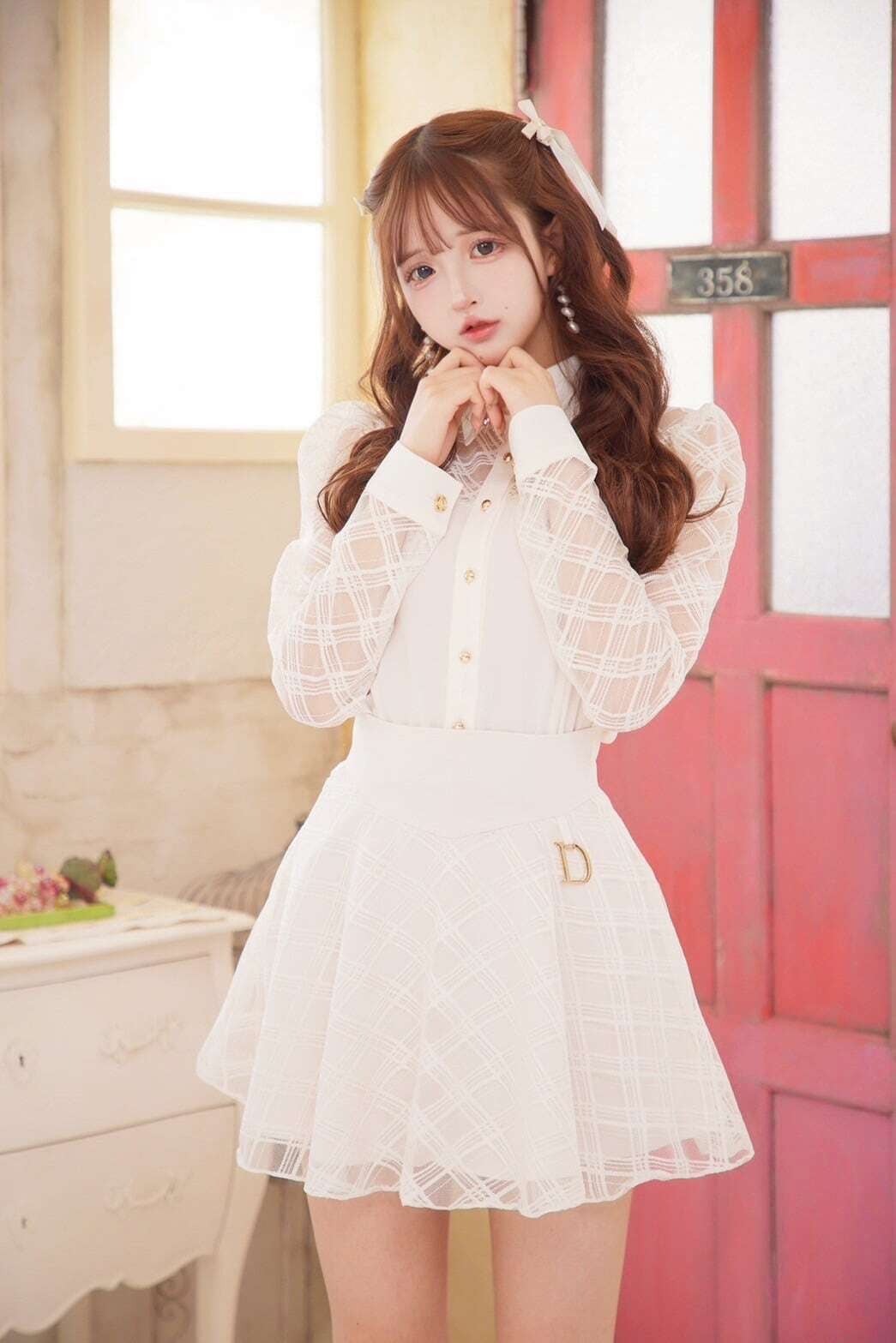 量産型　セットアップ　白　可愛い　リボン　ツイード　韓国 Mサイズ 量産型セットアップ白可愛いリボンツイード韓国 Mサイズ メゾンド