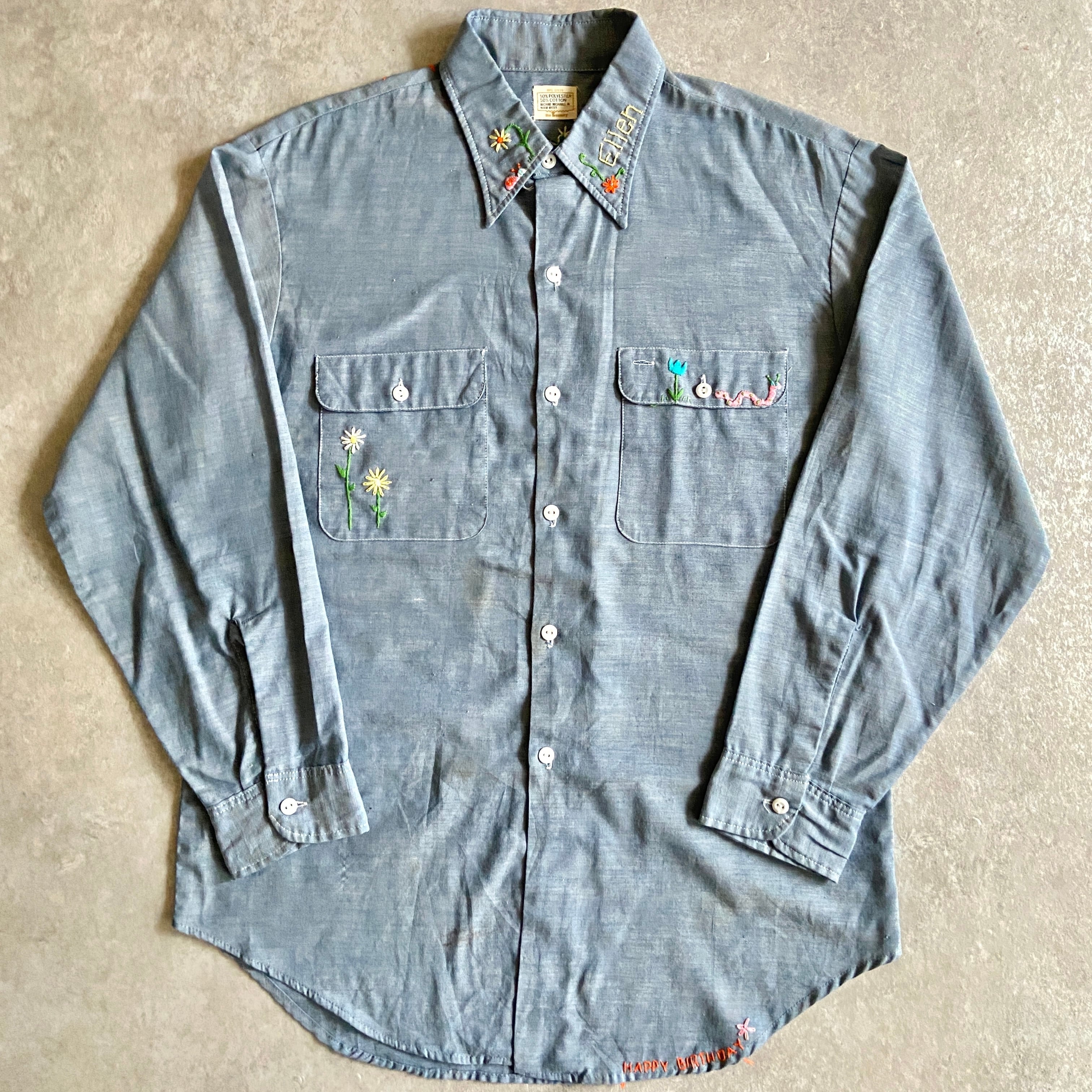 1970s the treasury Embroidery Chambray Shirt L位 H669