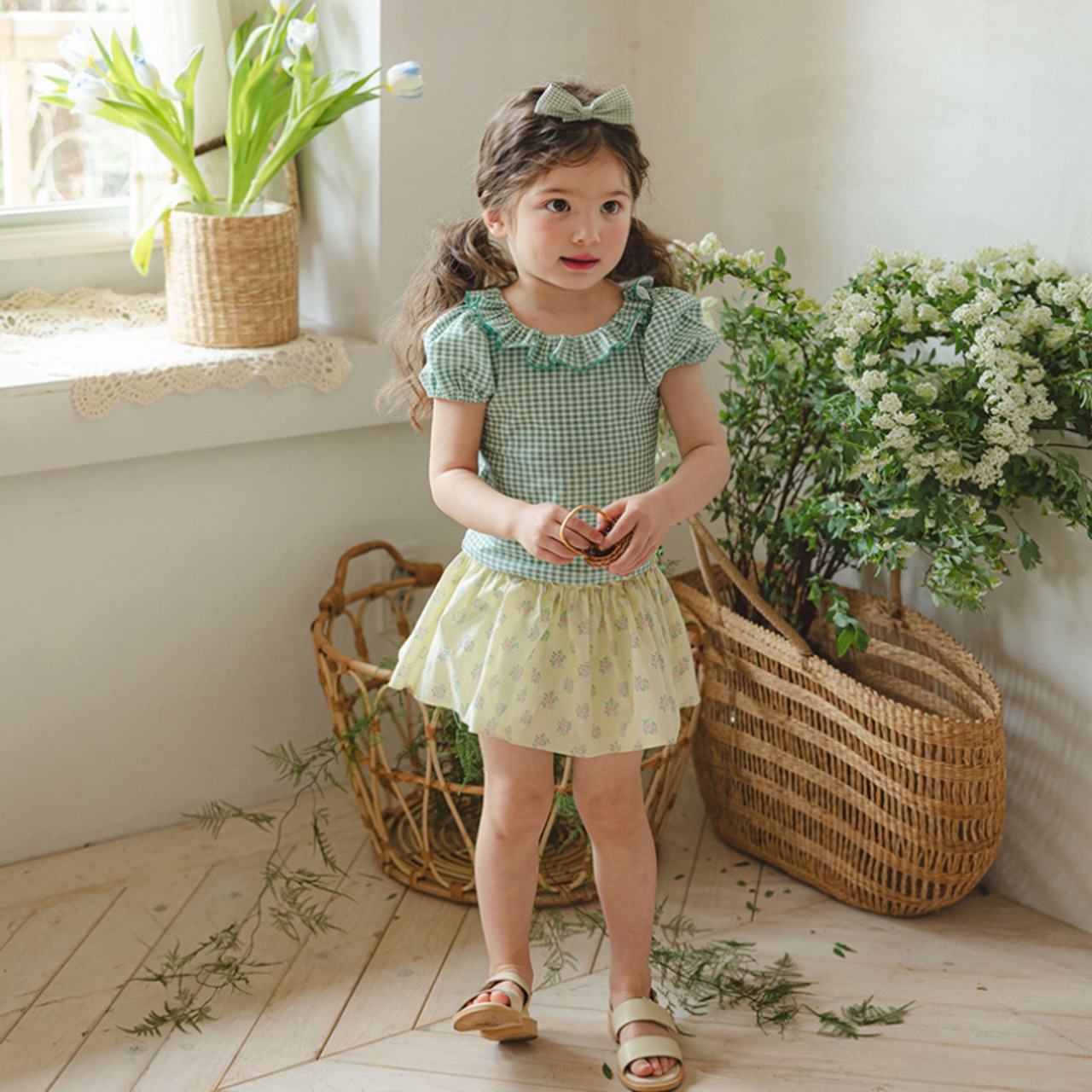 夏チェック柄ラウンドネックTシャツ