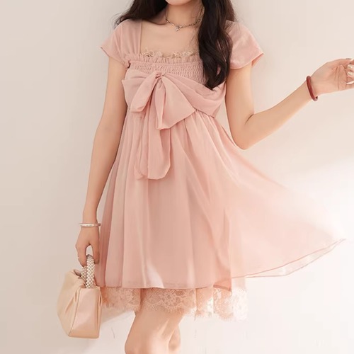 シャーリングリボンレースヘムワンピ ・76573