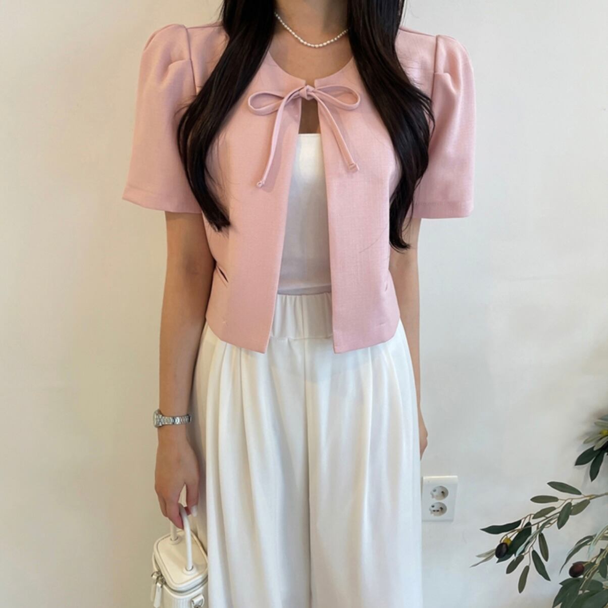 リボン付きパフスリーブ クロップドツイードジャケット