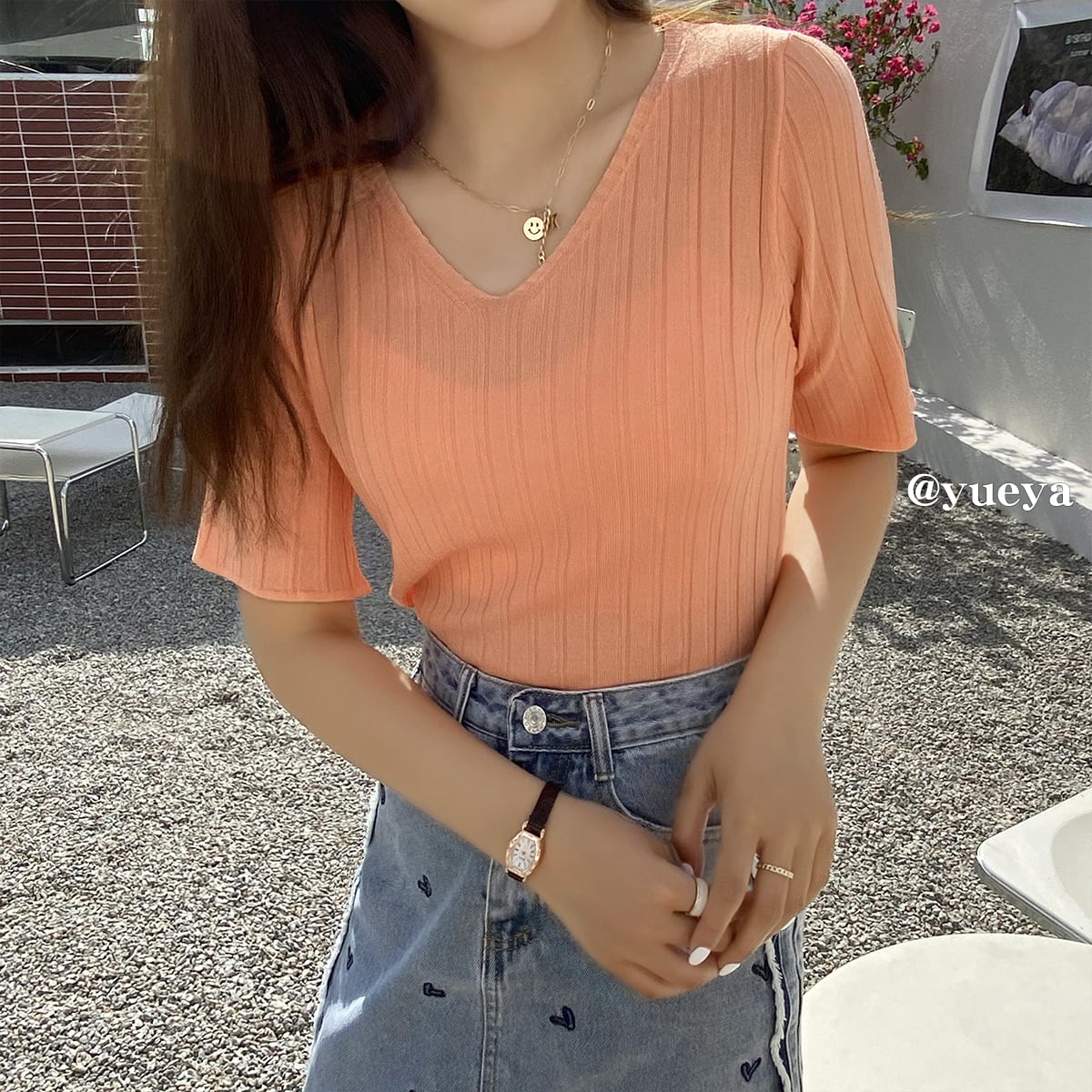 Tシャツ サマースリムVネック薄手半袖スリーブニットトップス ショート ハーフスリーブ 夏物 シルク クレセントシティ71159128845