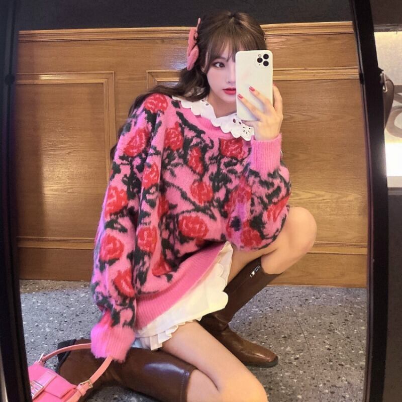 セーター Flowerデザイン ジャカードオータムウィンターラウンドネックプルオーバー トップス 秋物 冬物 Oネック フラワーデザイン ブラックストロベリース50870685161