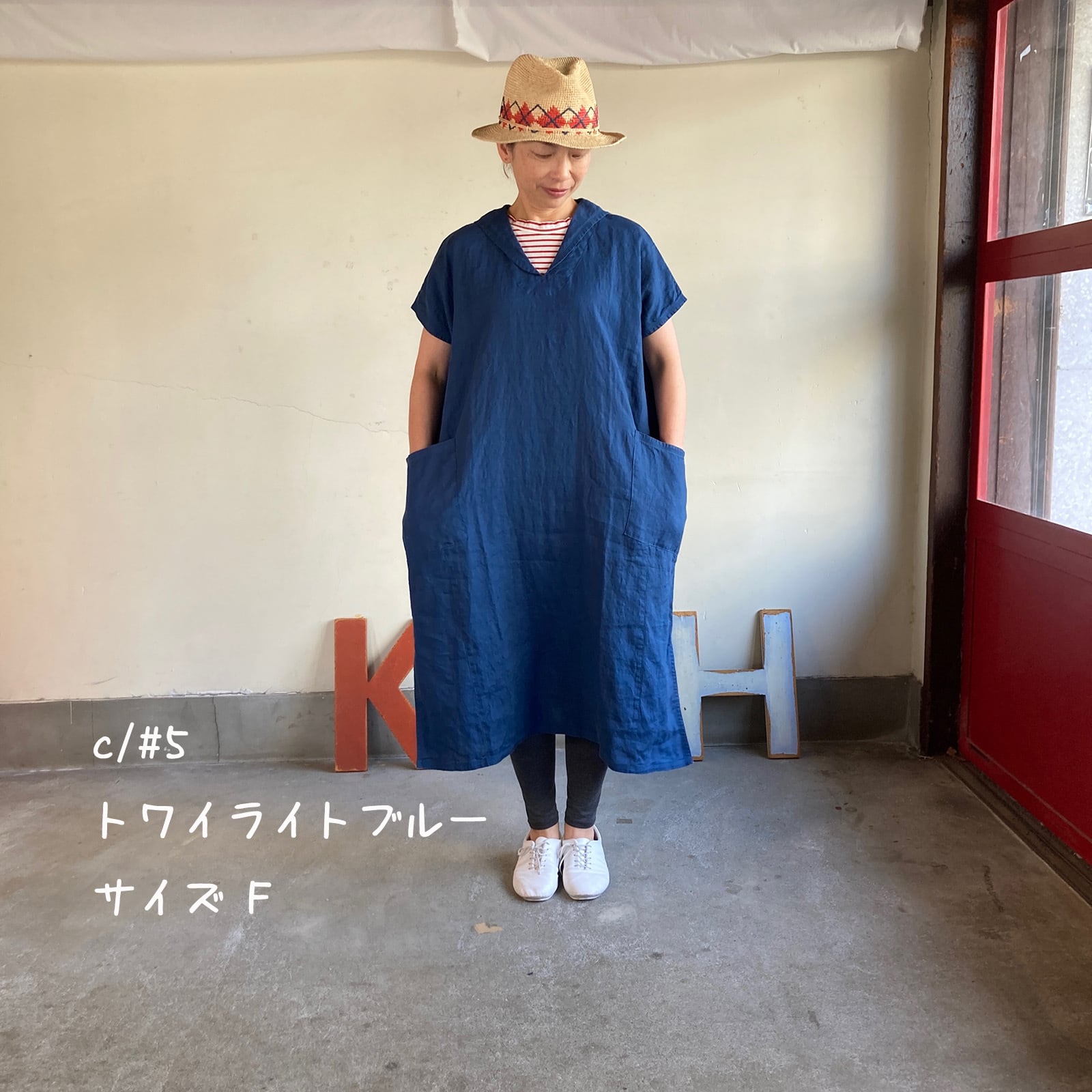 斜めポケ脇切り替えワンピース 初秋まで着られるリネン 62OP32 サイズF