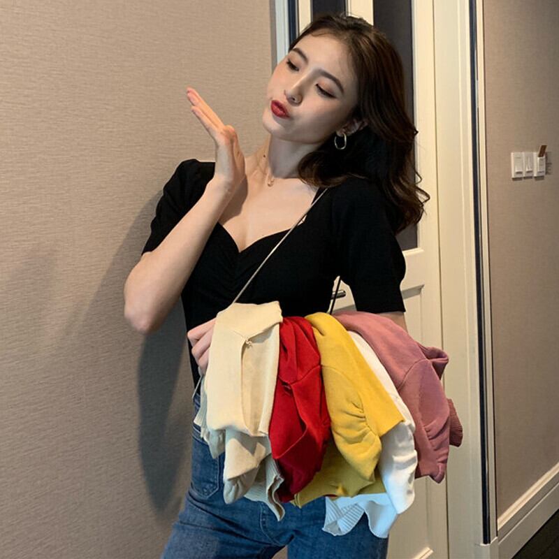 スタンダードVネックスリーブニットトップス サマースリムTシャツ レディース レトロ 夏物 ガールズファッション19028338134