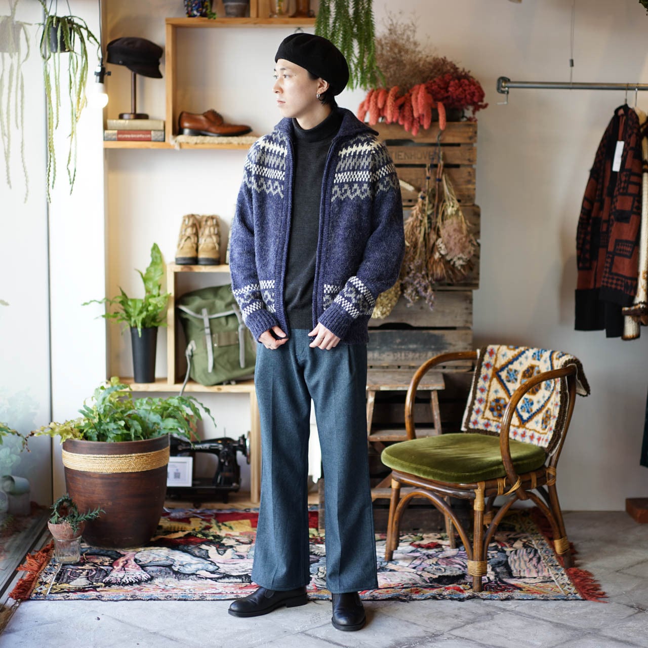 VINTAGE WOOL CARDIGAN ノルディックSWEATER 黒 生成-