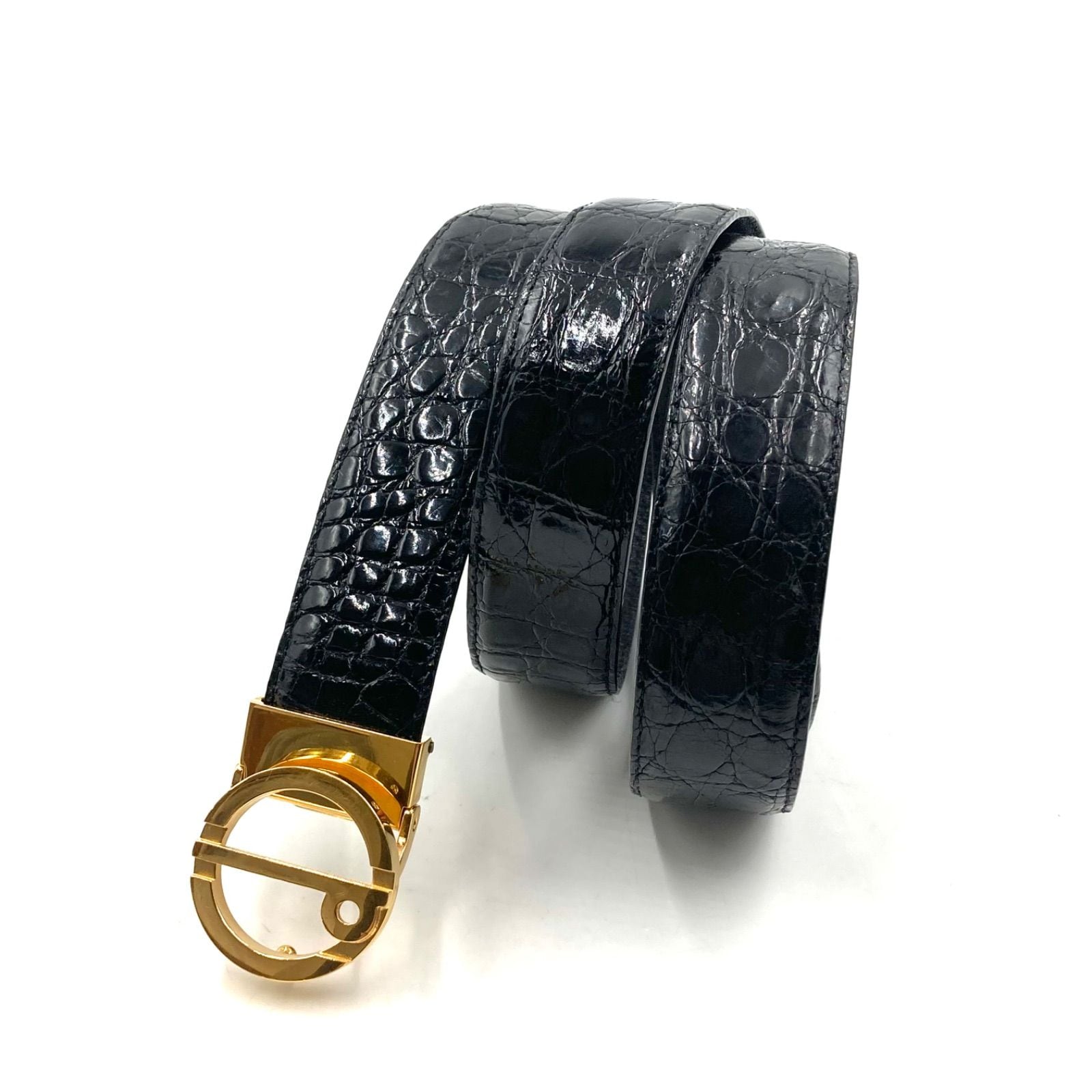 □美品□dunhill ダンヒル レザーベルト クロコ ロゴバックル ブラック