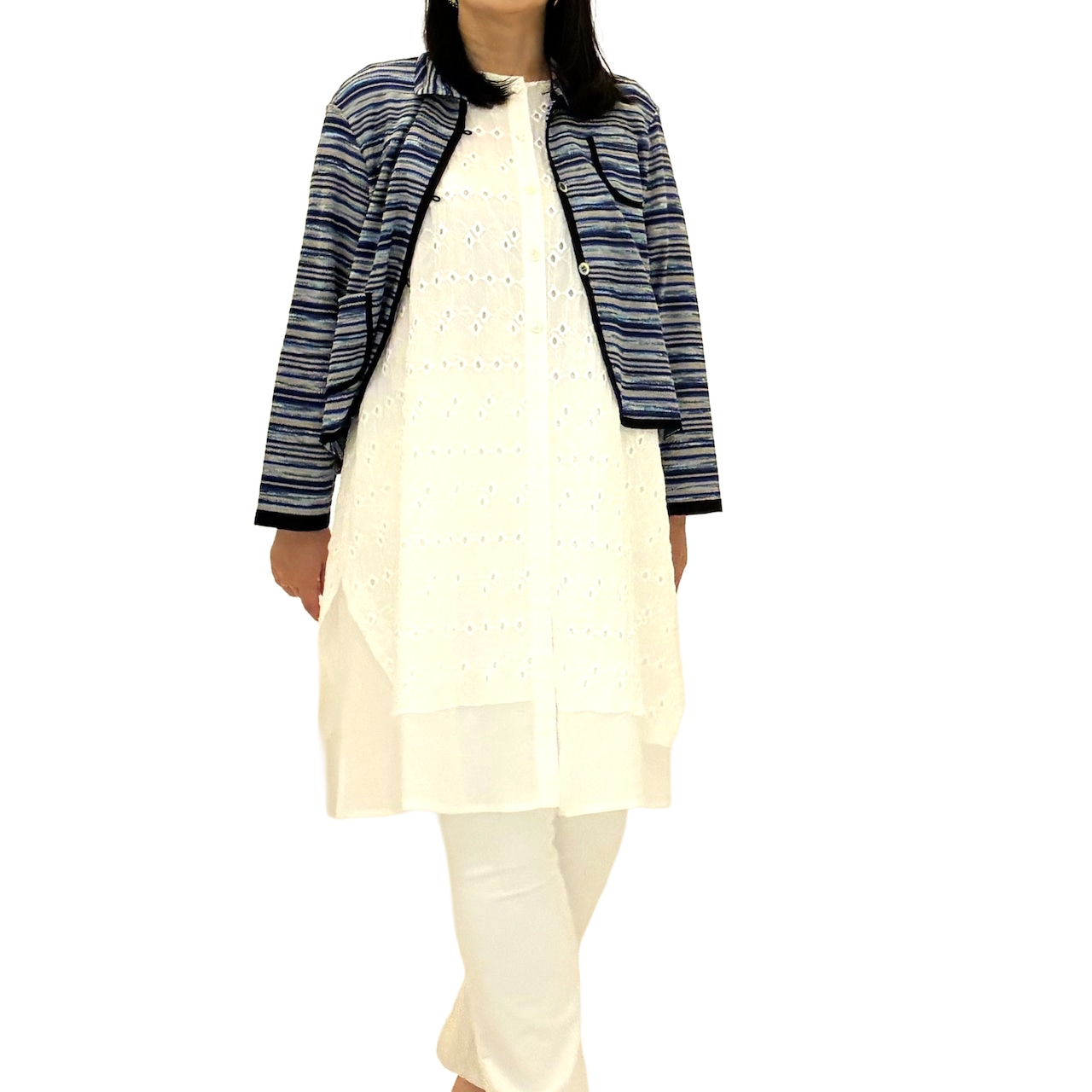 絣タックボーダーカーディガン【260-2217】Tucked border cardigan