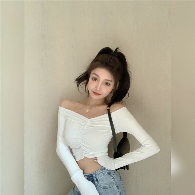 黒のタイトフィットショートTシャツ女性夏ワンショルダー超短ストラップレスへそ長袖2020新しいボトミングトップ ブラックストロベリース46787564457