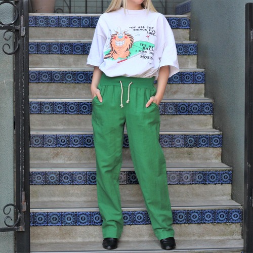 EU VINTAGE GREEN COLOR RIB LINEN EASY PANTS/ヨーロッパ古着グリーンカラーリブリネンイージーパンツ