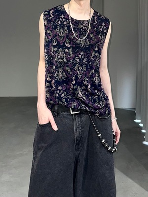 damask no sleeve tops / navy × purple