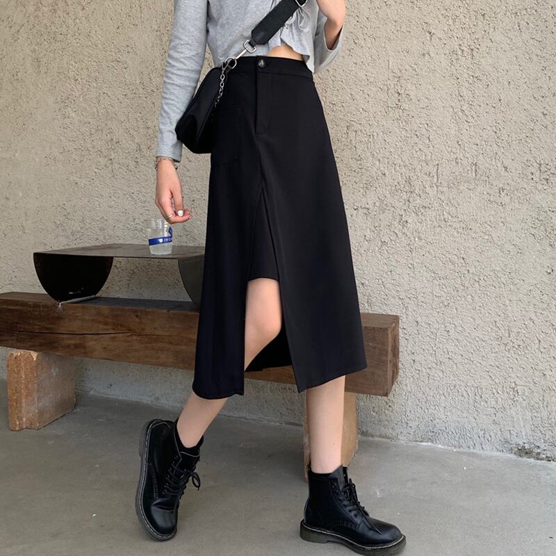 ブラックスカート スプリングオータム薄手ハイウェストAライン 春物 秋物 スーパーモール99442536842