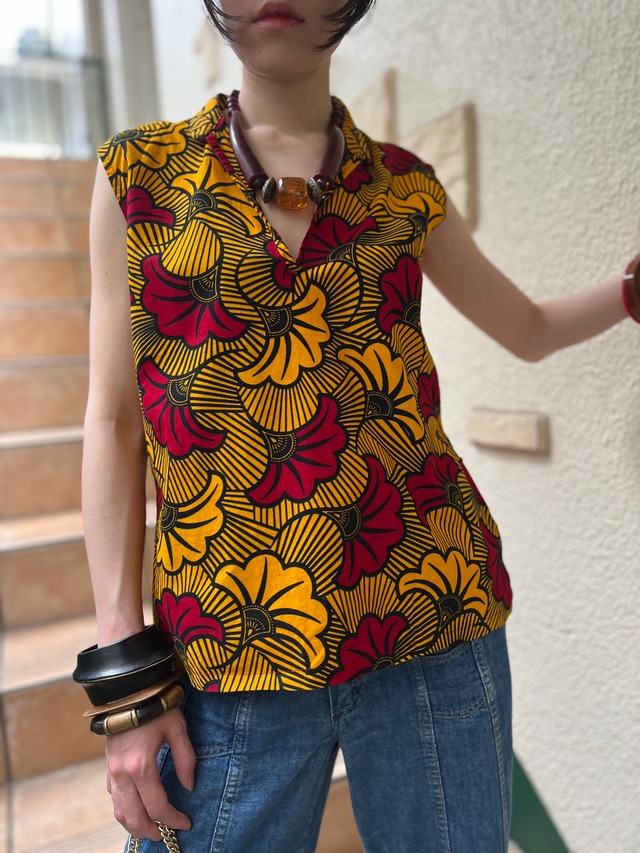 Vintage african batik cotton  sleeveless tops ( ヴィンテージ アフリカンバティック コットン ノースリーブ トップス