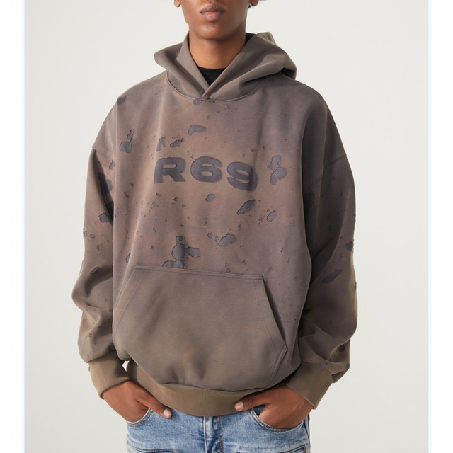 【DRIP1553】R69 Wash Logo Print Hoodie