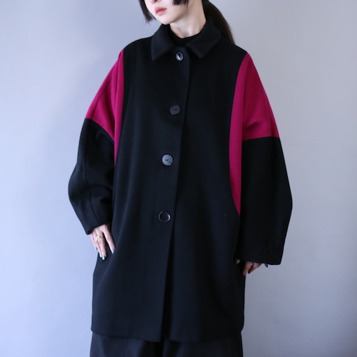 bi-color over silhouette dolman sleeve wool coat