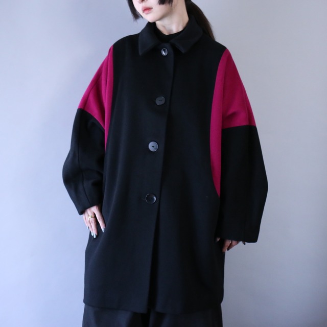 bi-color switching color middle neck long coat