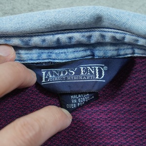 90s LANS'END L/S Denim collar polo Houndstooth L 古着