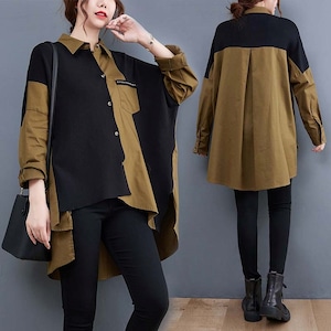 CONTRAST ASYMMETRIC DESIGN TUNIC SHIRT 1color M-6205