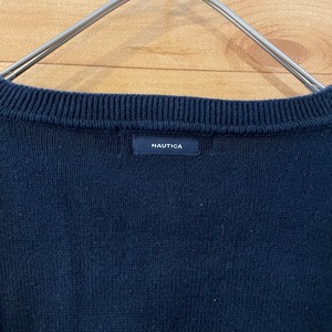 【NAUTICA】ニット セーター ライン 刺繍ロゴ XL クルーネックUS古着