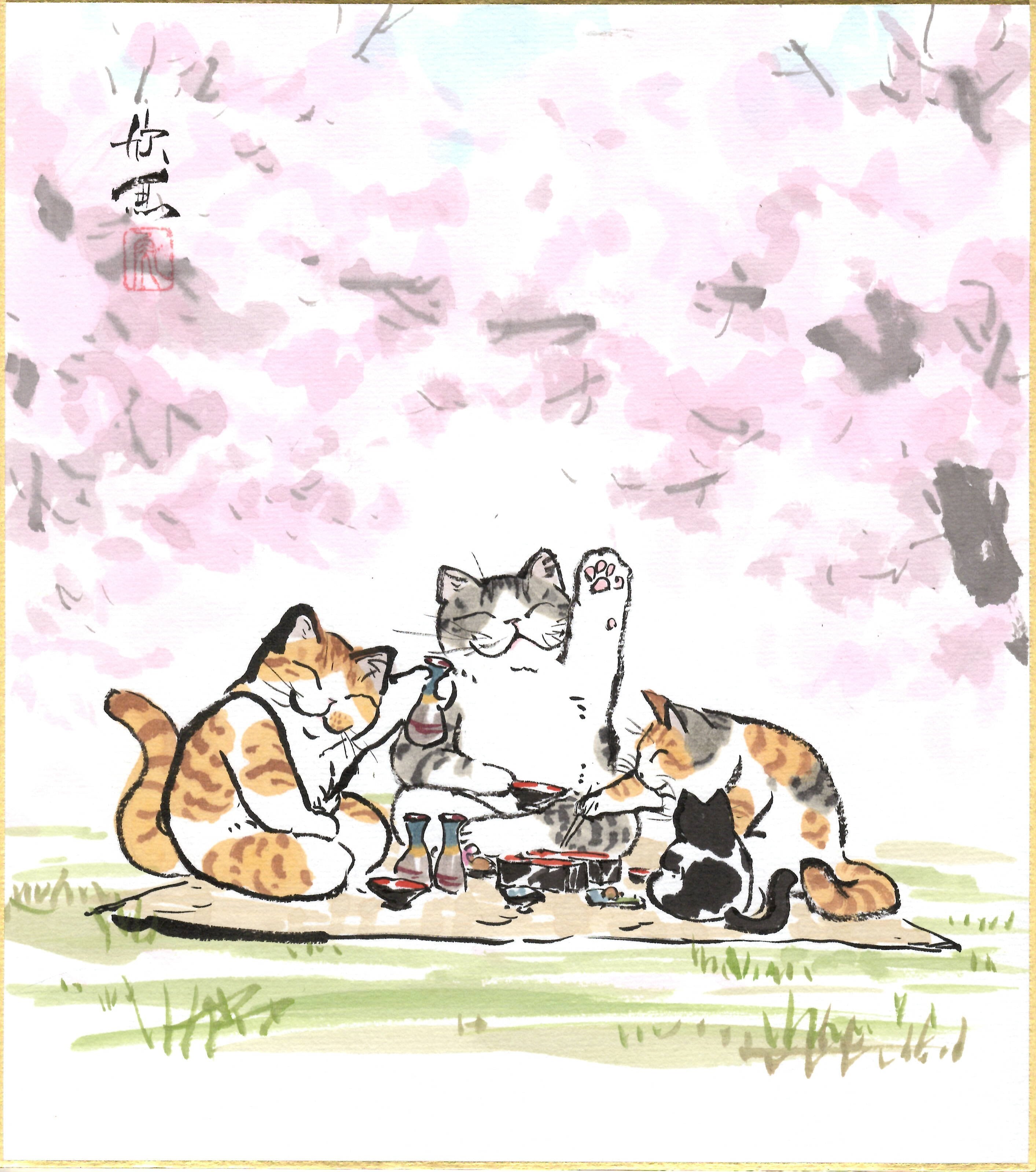 西村欣魚「猫のお花見A」色紙絵 | 吉村唐木店 WEBSHOP