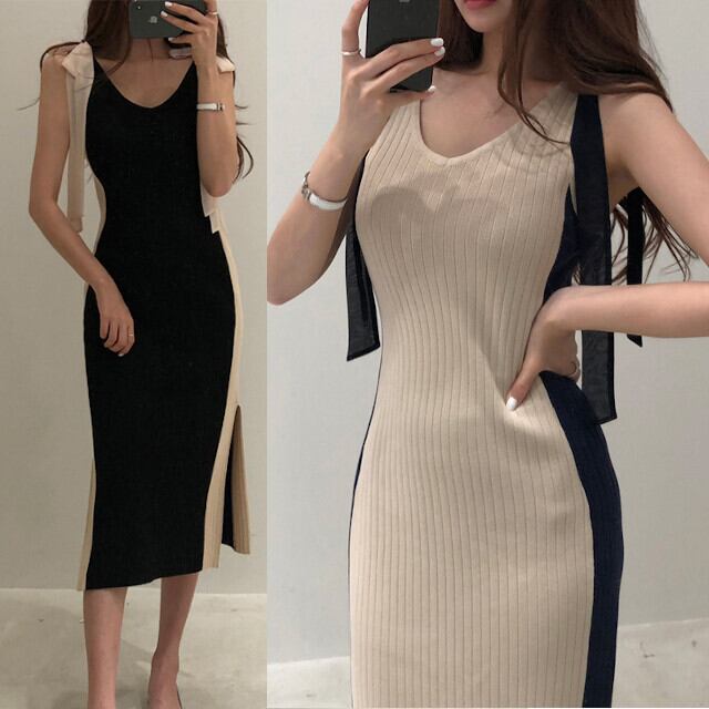 全2色 レディース ワンピース 膝下丈 ノースリーブ ショルダーリボン バイカラー ロングワンピ ベージュ/ブラック