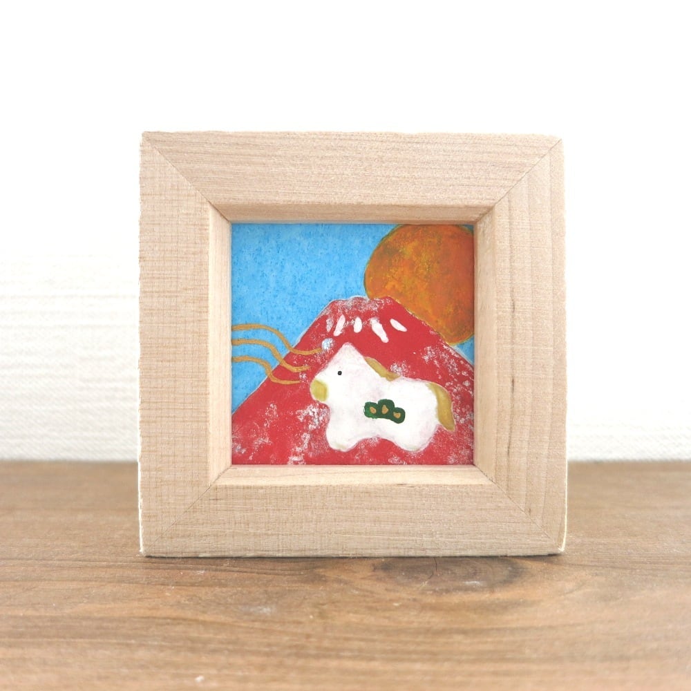 日本画原画】赤富士と初日の出と干支の馬 と黄金の風（正方形） ミニ