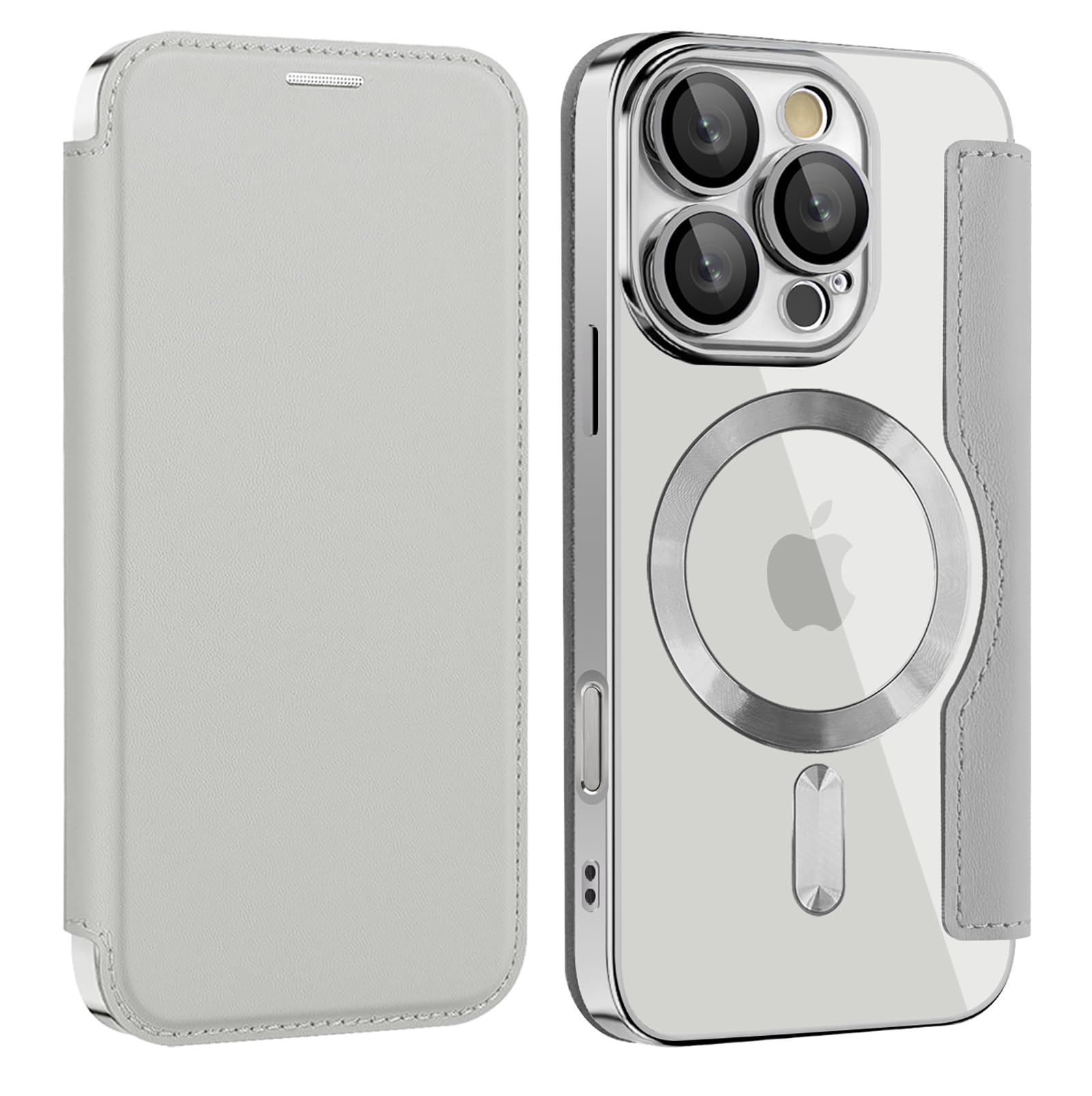 iPhone 15 Pro 用 ケース 手帳型 RFID アイフォン 15 プロ ケース 財布型 カードポケット付き 全面保護 Magsafe対応 背面透明 高級なPUレザー 人気財布型 カバー 軽量 いphone15 Pro スマホケース カード収納 おしゃれ 上質な手触り 擦り傷防止 (グレー)