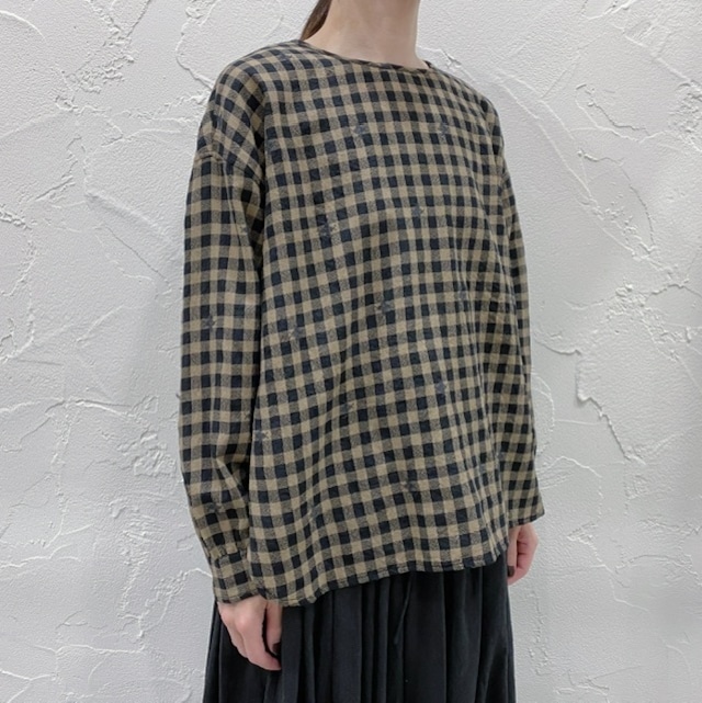 maison de soil WOOL GINGHAM CHECK WITH JACQUARD BACK OPENING CREW NECK SHIRT