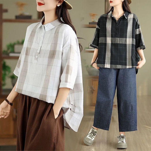 CHECKERED HALF BUTTON 3/4 SLEEVES PULLOVER SHIRT 2colors M-16482