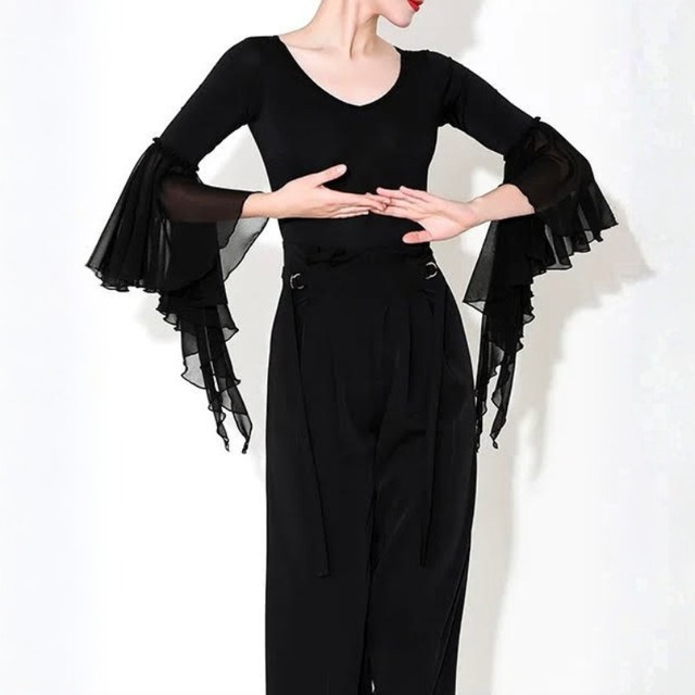 フレアスリーブ Vネック タイト レオタード トップス 2col D00581