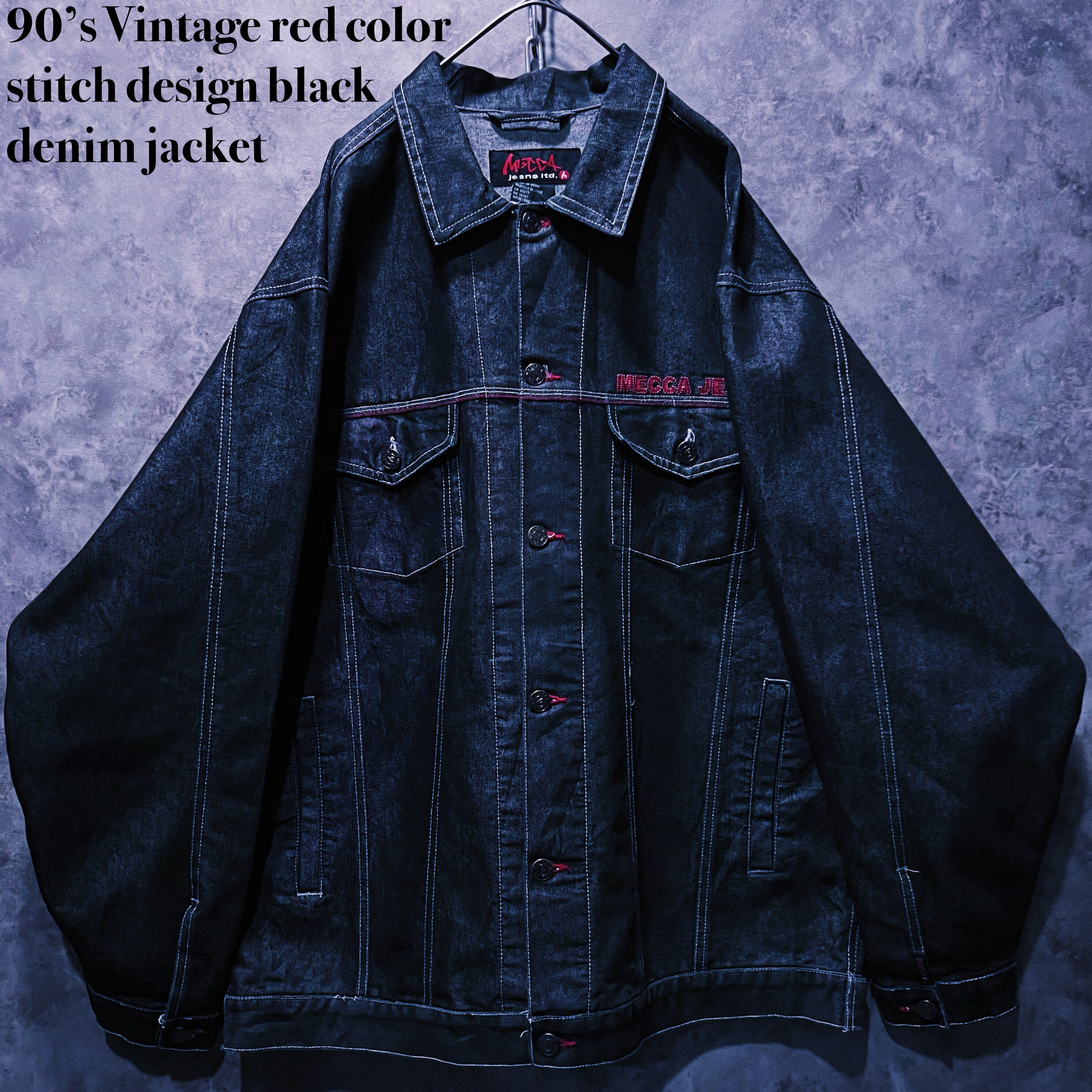 【doppio】90’s Vintage red color stitch design black denim jacket