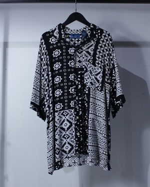 【Caka BLACK】Monotone Ethnic Pattern Vintage Loose S/S Rayon Shirt