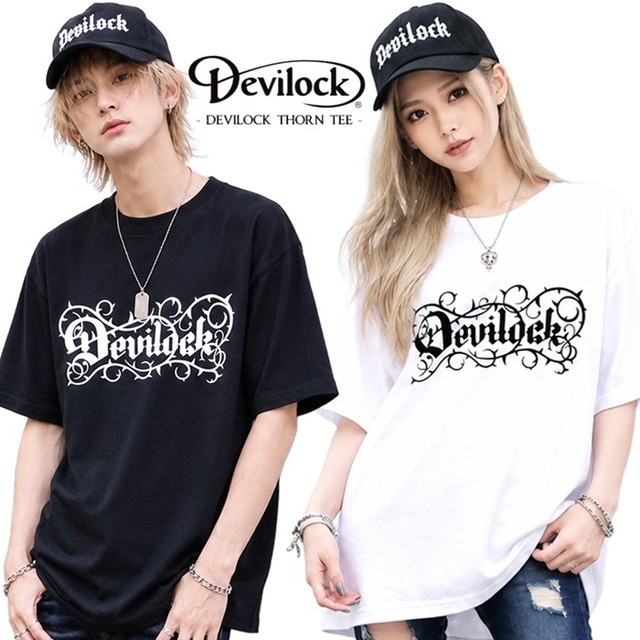 【10%OFF SALE】DEVILOCK デビロック「Rogia限定 DEVILOCK THORN TEE」半袖Tシャツ オーバーサイズ ビッグ 黒白 ブラック ホワイト メンズレディース 棘 ロゴ クルーネック UK パンクロック PUNKROCK ハードコア HARDCORE メタル バンド フェス Y2Kファッション 2L 3L 4L ステージ衣装 Rogia