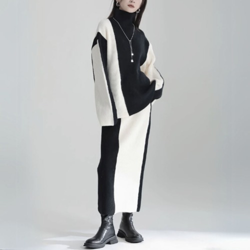 Bicolor oversized high neck knit setup C0861
