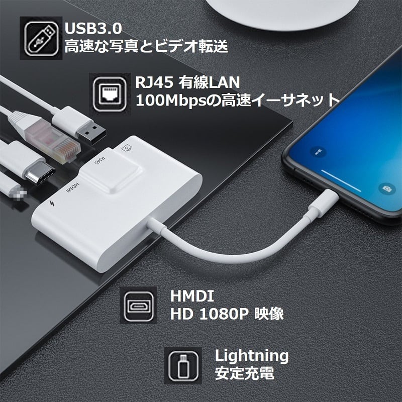 lightning hdmi 変換 アダプタ iPhone用 有線LAN 変換ケーブ OTGケーブル Lightning to RJ45 4in1  USBカメラ イーサネット有線 Ethernet 高速転送 急速充電 一台四役 高速転送 同期充電 小型 軽量  iPhone/iPad/ipodなど対応