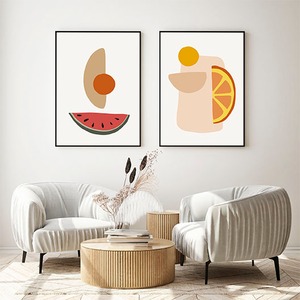 ２枚セット フルーツ / アートポスター 写真 ミニマル 形 アブストラクト 抽象 モダン スイカ オレンジ 果物