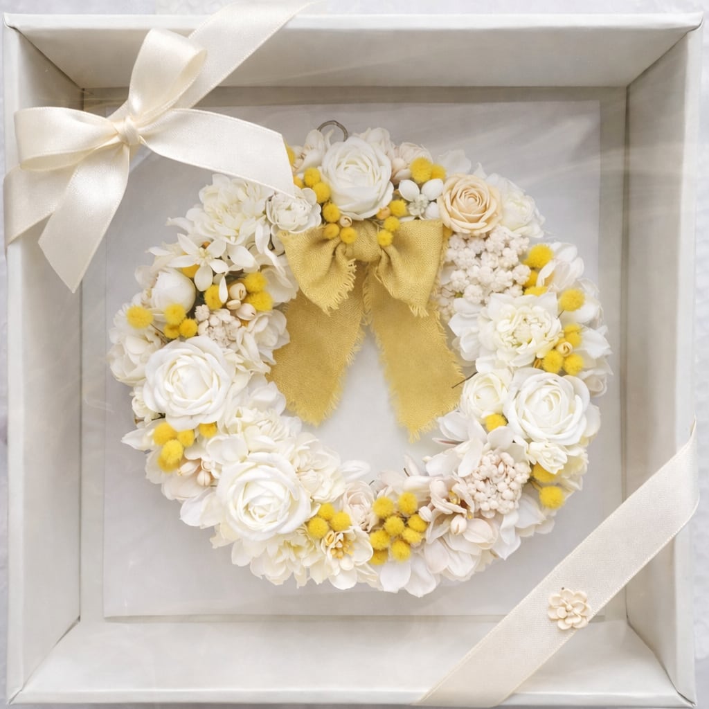 【WR-007】ホワイト×ミモザのやさしいナチュラルリース /アイボリーリボンのギフトケース入り ―｜上品で華やかな冬の贈り物｜ナチュラルインテリア・ギフトにもおすすめ